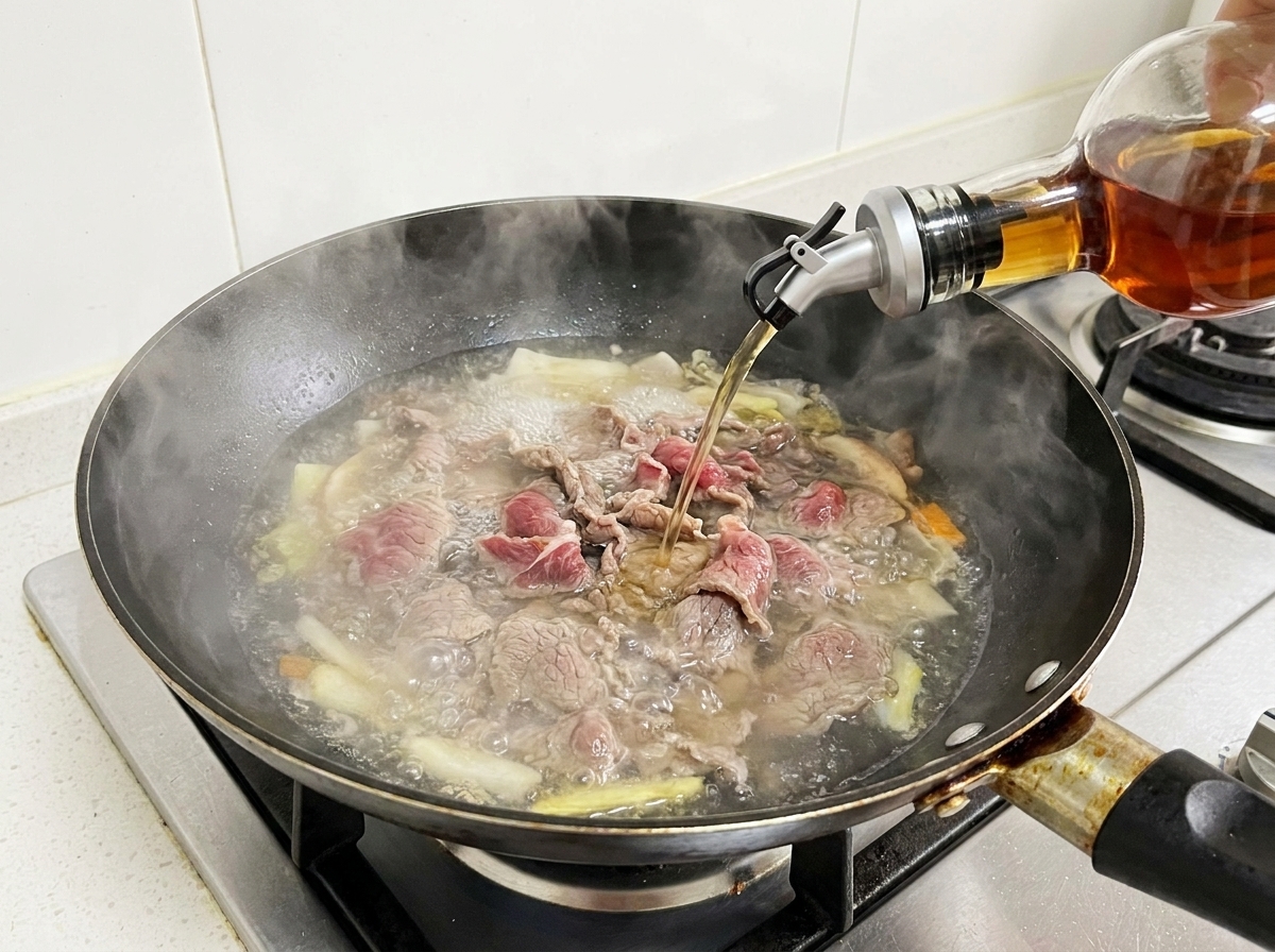 Cooking wine being poured into a pan of boiling beef.