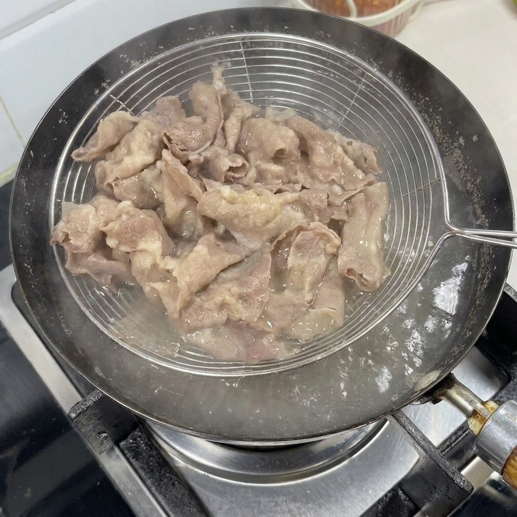 Blanched beef slices being removed from boiling water with a wire skimmer.