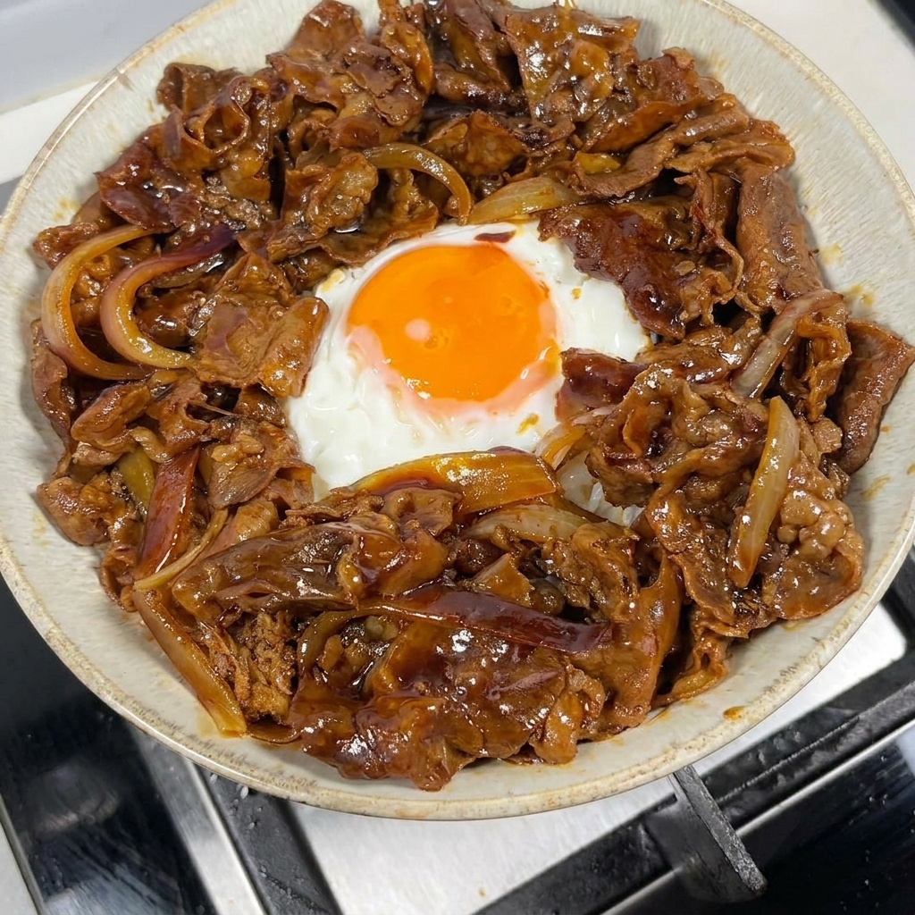 A bowl containing white rice and a central egg, now surrounded by a neatly arranged portion of glossy teriyaki beef and onions.