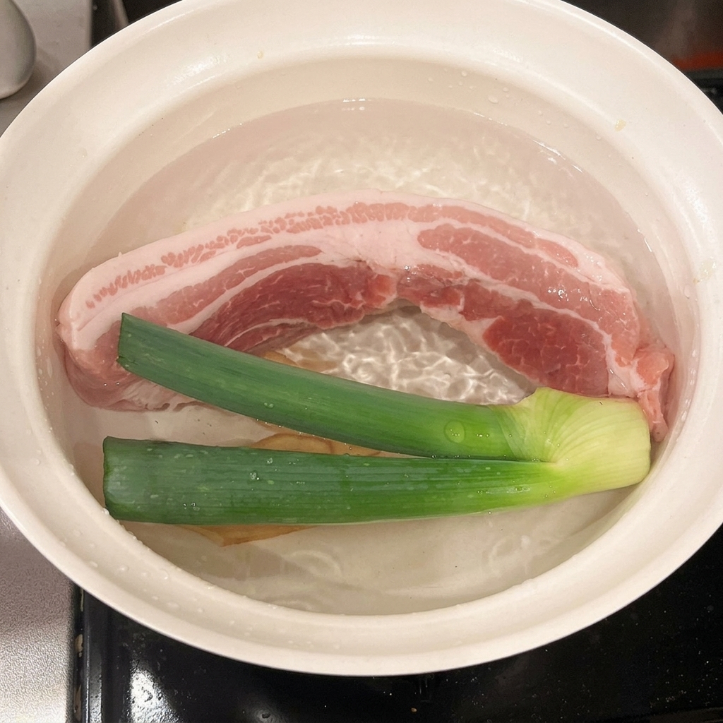 Cooking wine being poured into a pot containing pork belly, green onion, and ginger.