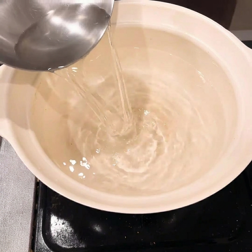 Ingredients for the braising sauce, including miso paste and soy sauce, being stirred together in a pot.