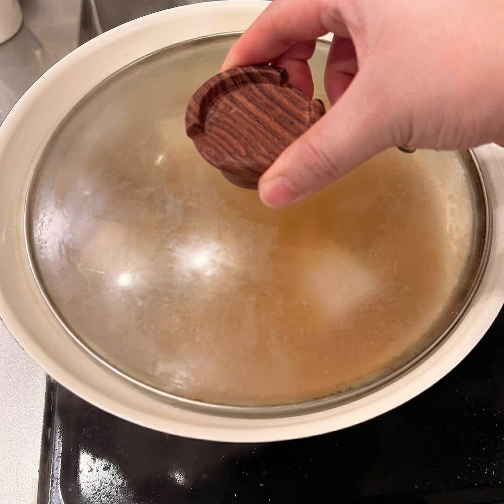 A pot covered with a lid, sitting on a stovetop, simmering the pork on low heat.