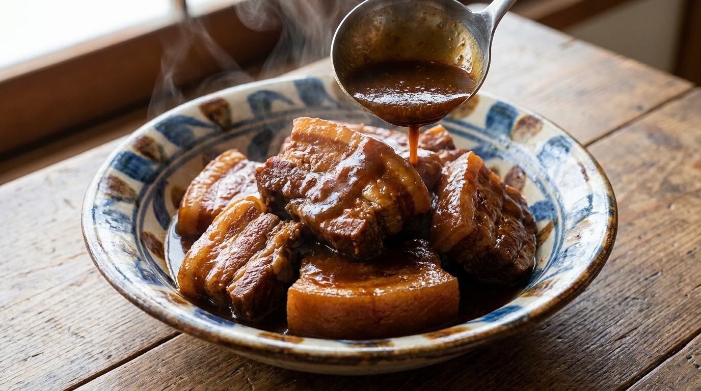 Tender pork belly glazed in a rich, glossy miso sauce, served in a traditional ceramic bowl.