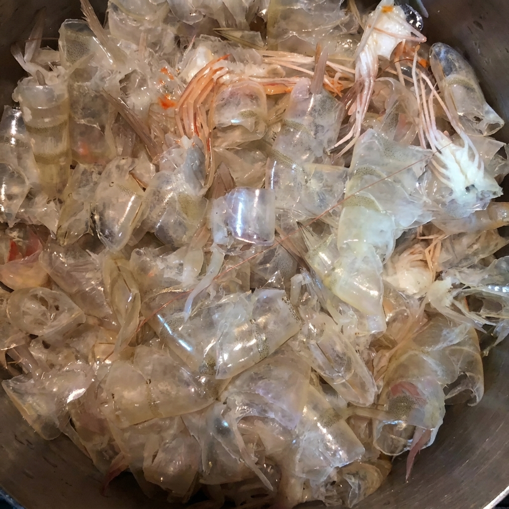 A close-up view of raw, cleaned shrimp shells filling a stainless steel pot, ready for the extraction process.