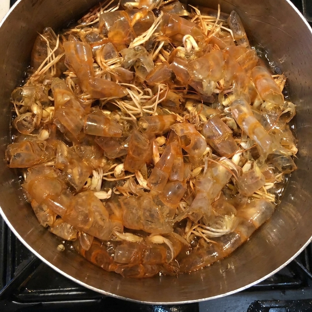 The pot containing the shrimp shells is being filled with a mixture of sake, mirin, soy sauce, and sugar.