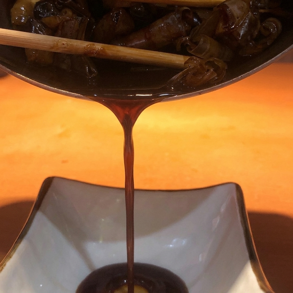 Dark, concentrated sauce being poured from a pot through a strainer into a white ceramic bowl.