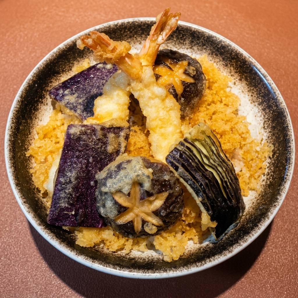 A beautiful Japanese-style Tempura Donburi bowl featuring golden fried shrimp and sliced eggplant arranged neatly over a bed of rice and tempura flakes.