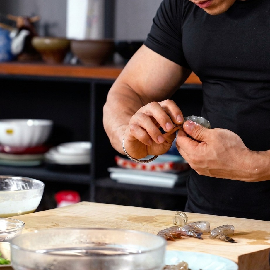 Close-up of hands cleaning and prepping raw shrimp.