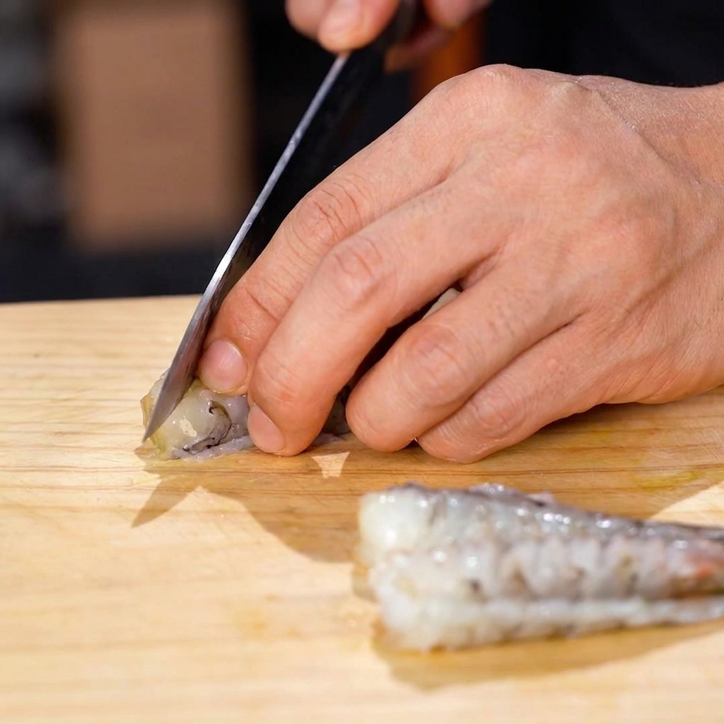 A knife making diagonal cuts into the underside of a raw shrimp.