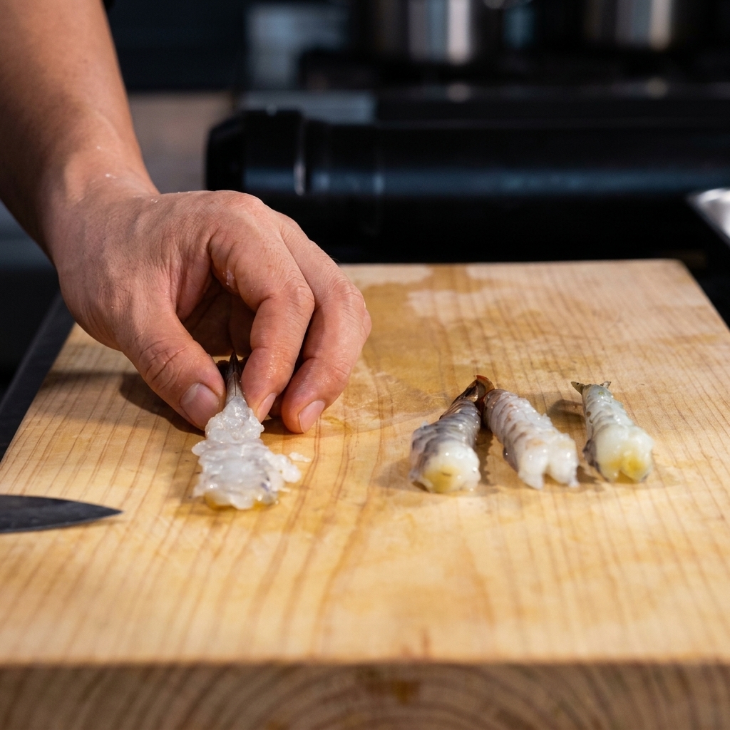 Using the side of a knife to gently flatten and straighten the prepared shrimp.