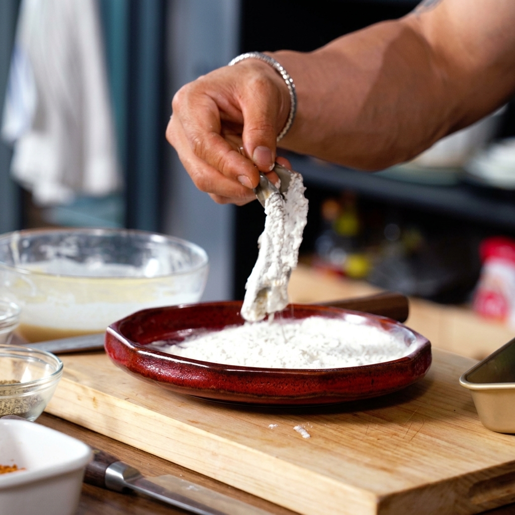 A shrimp being lightly coated with dry flour on a plate.