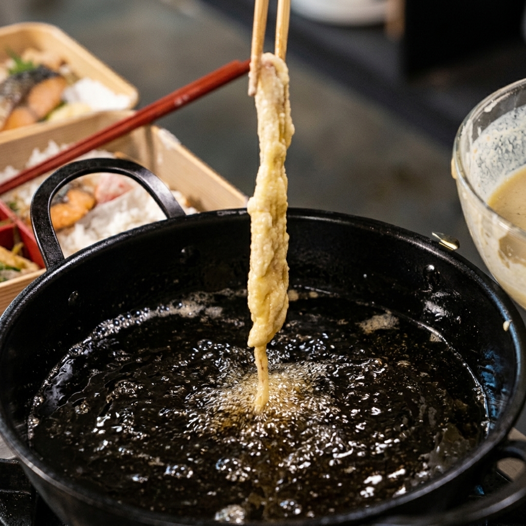 A battered shrimp being carefully placed into a pot of hot, bubbling oil to create a lacy tempura crust.
