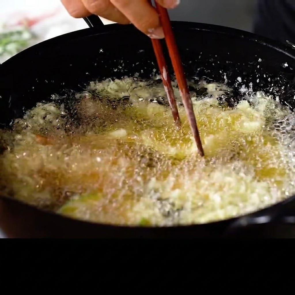 A pair of wooden chopsticks straightening a shrimp inside a pot of hot, bubbling oil.