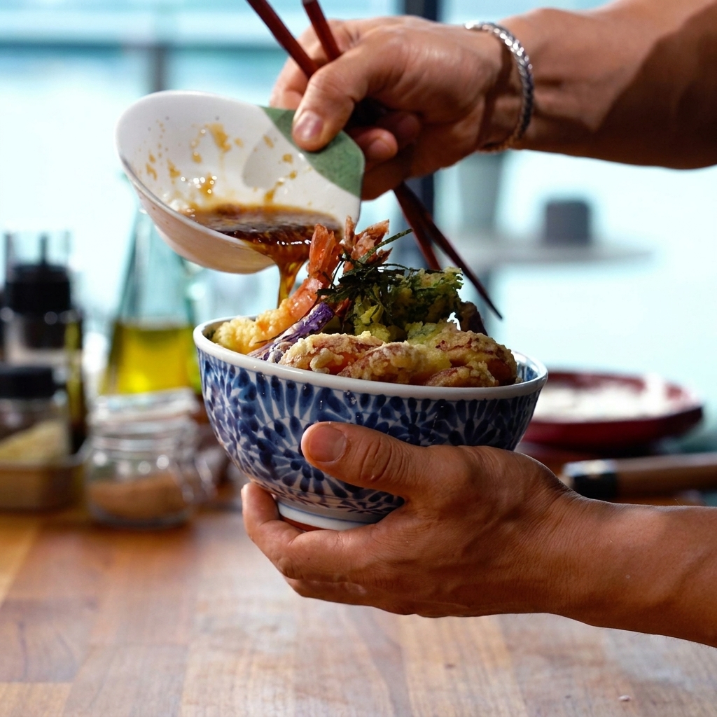 Hot tempura sauce being poured from a white ceramic ladle over a bowl of freshly fried tempura and rice.