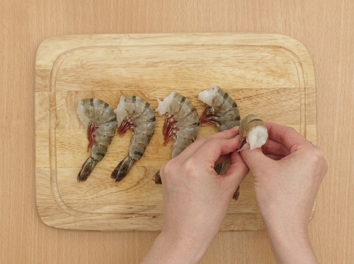 A pair of hands peeling the shell off a raw shrimp on a wooden cutting board, leaving the tail attached.