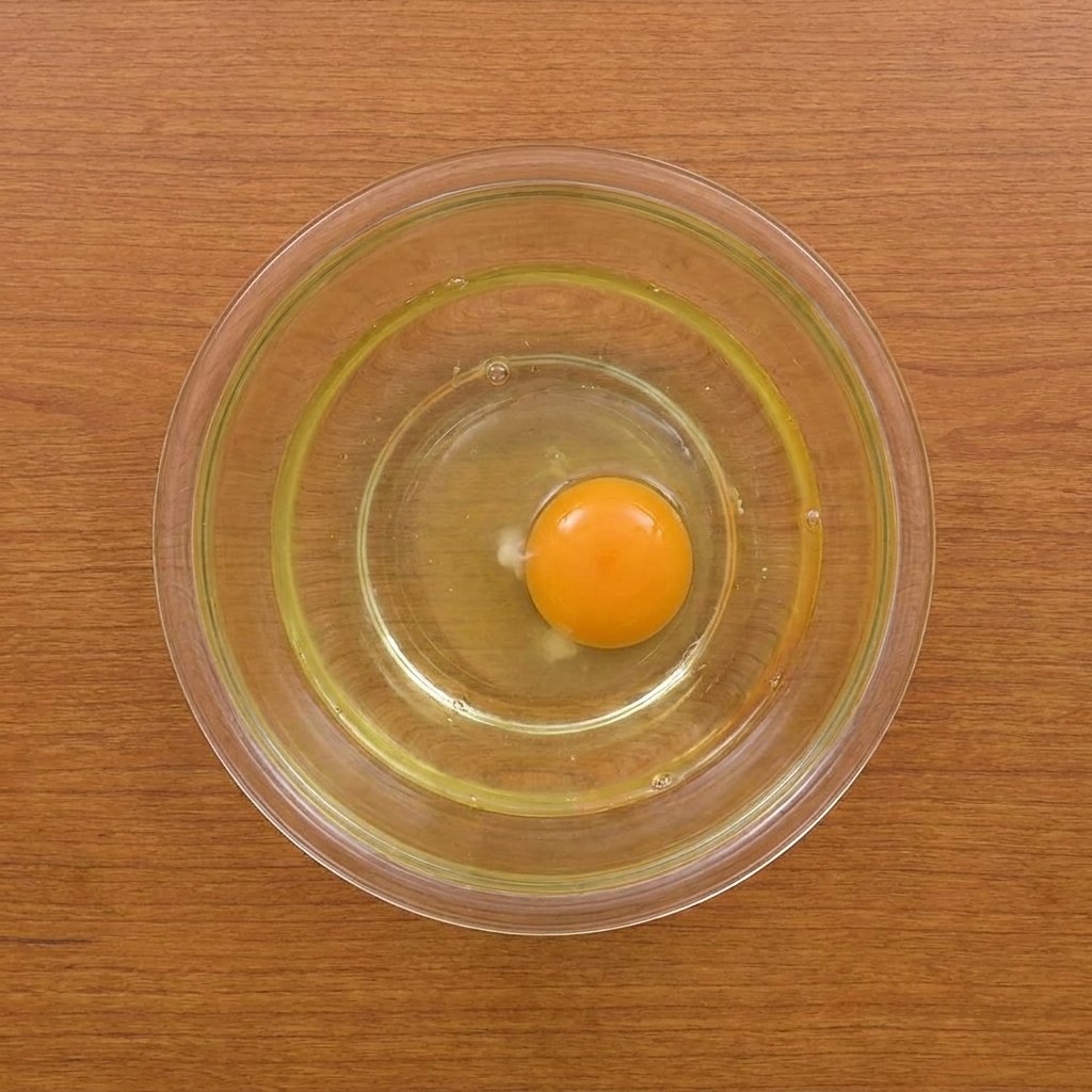 A glass bowl containing an egg and water being whisked, with flour and starch being added to create a smooth batter.