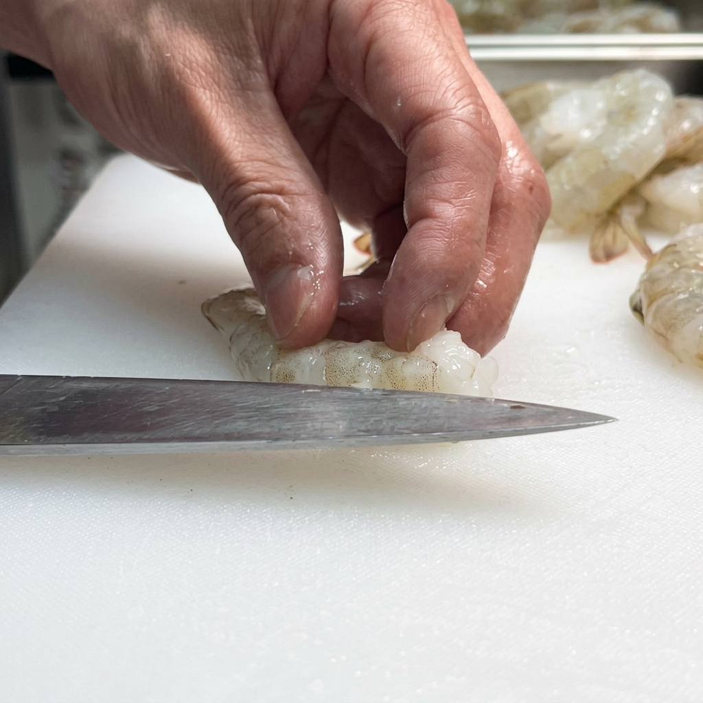 A close-up of a knife making a cut along the back of a raw shrimp.