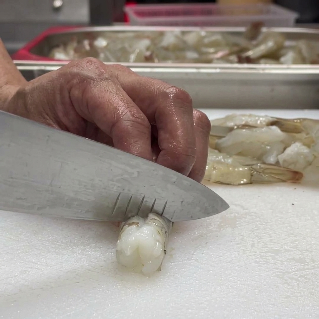 A knife making precise, shallow scores on the belly of the shrimp.