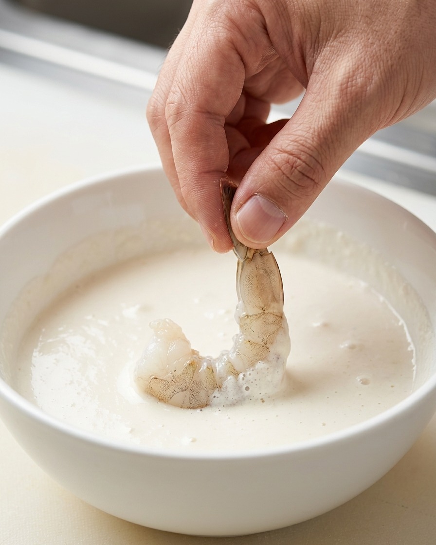 A shrimp being submerged into a bowl of smooth white tempura batter.