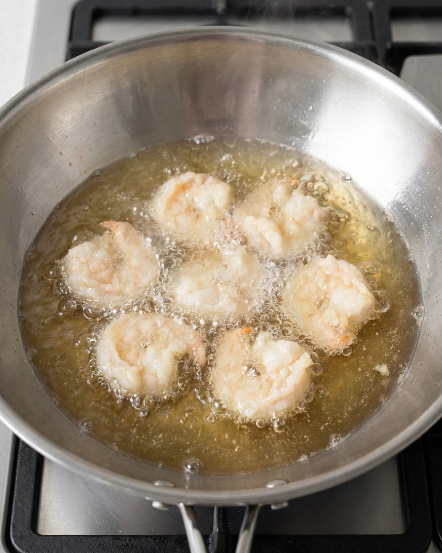 Several battered shrimp frying in a pan of hot, bubbling oil.