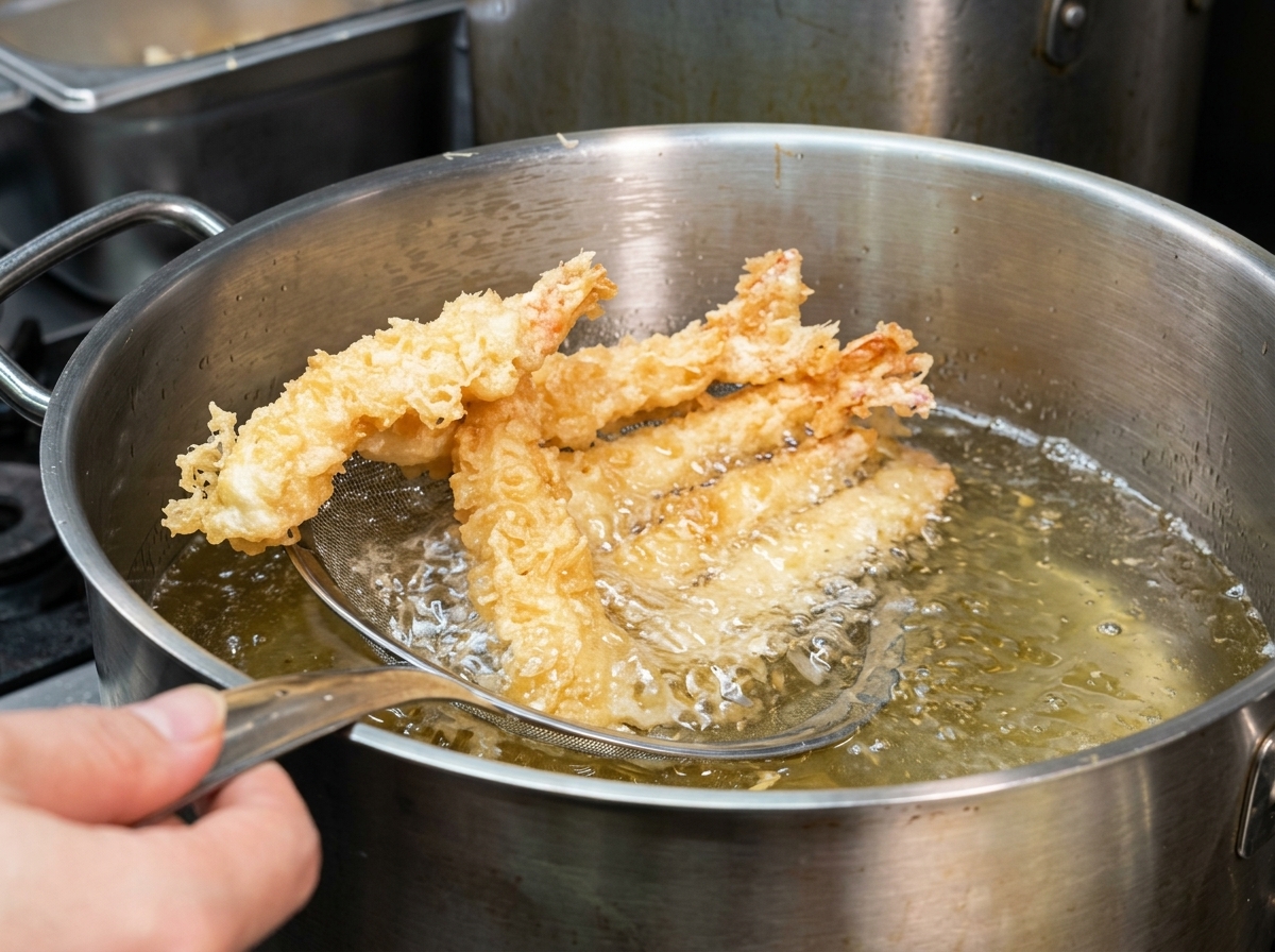 Tempura battered shrimp frying in hot oil, turning golden brown.