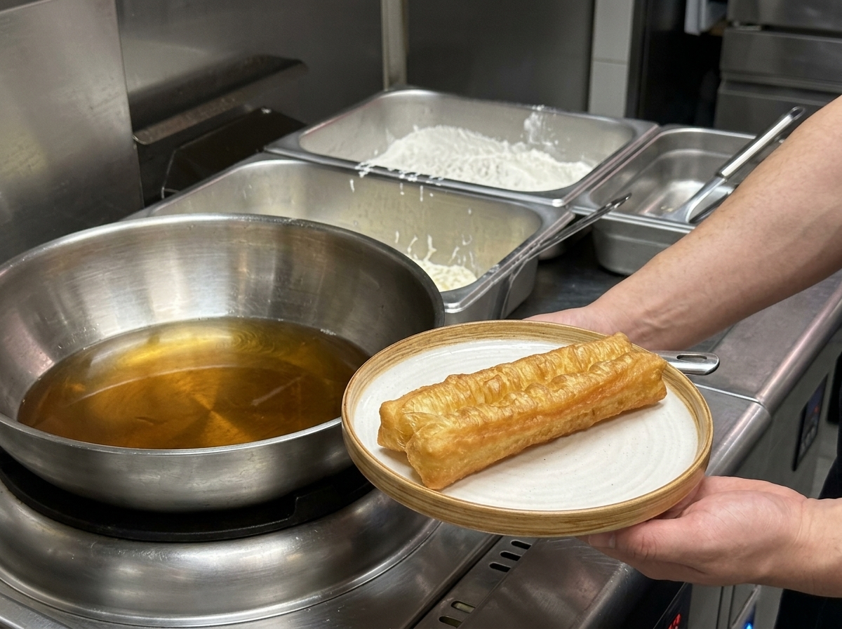 Golden-brown fried shrimp being lifted out of oil with a wire strainer.