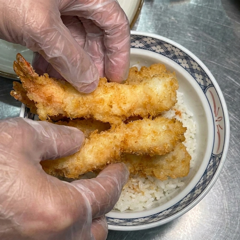 Tempura shrimp being placed onto white rice in a decorative bowl.