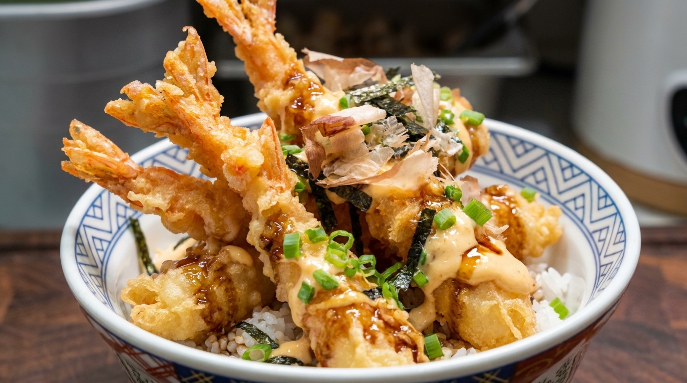 Crispy Japanese Tempura Shrimp Rice Bowl (Ten Don)