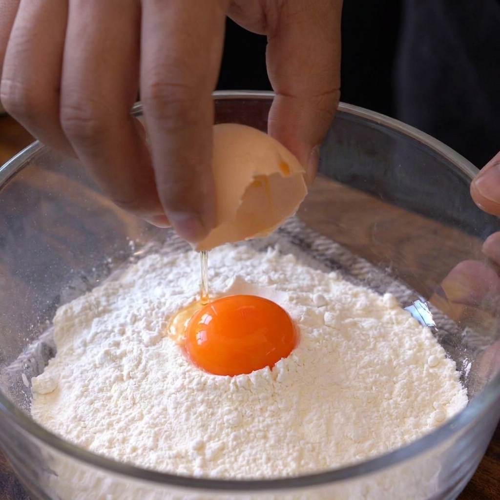 A bowl containing egg yolks, flour, cornstarch, and water, being mixed into a smooth tempura batter.