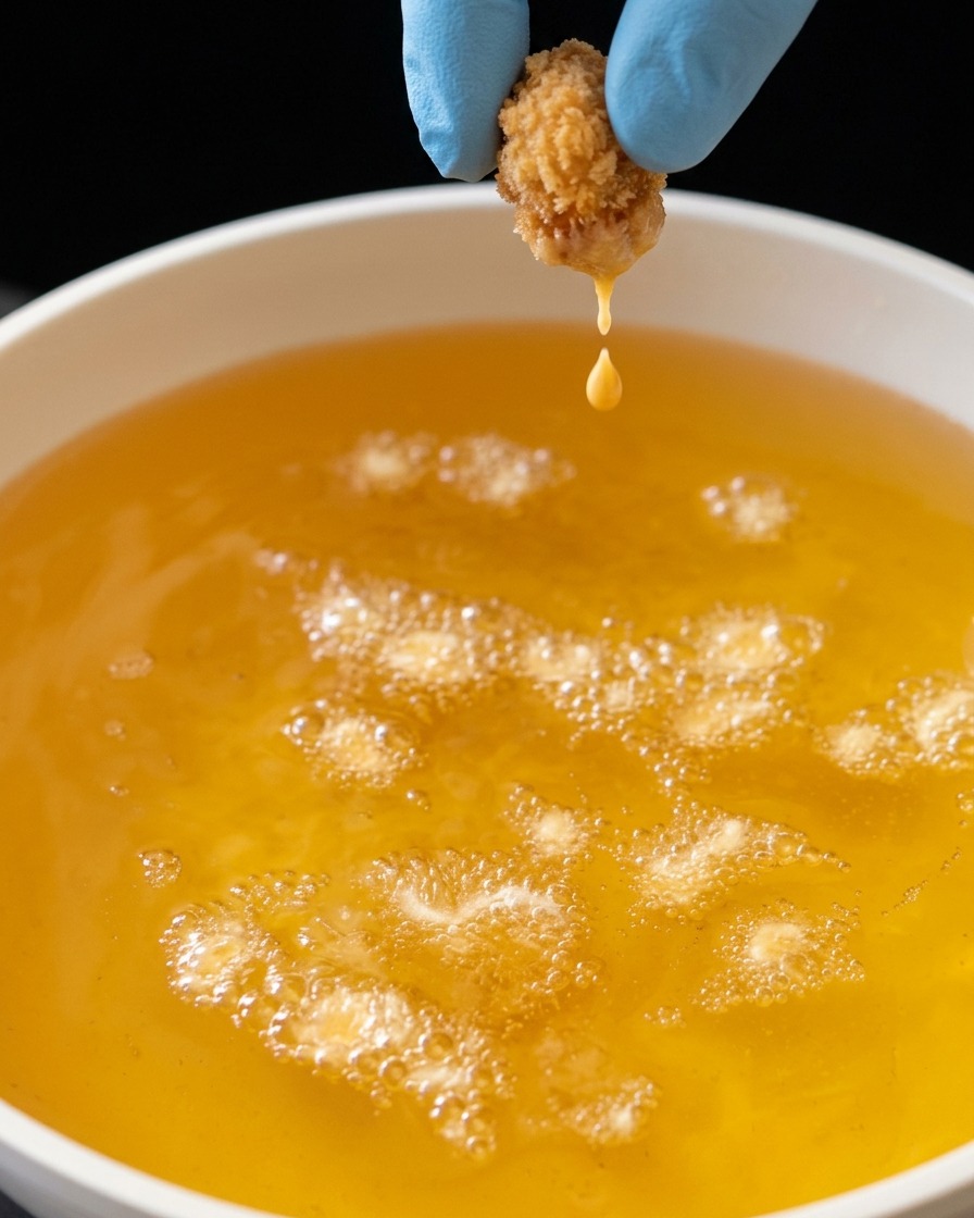 Crispy bits of batter frying in hot oil creating a golden crunchy texture.