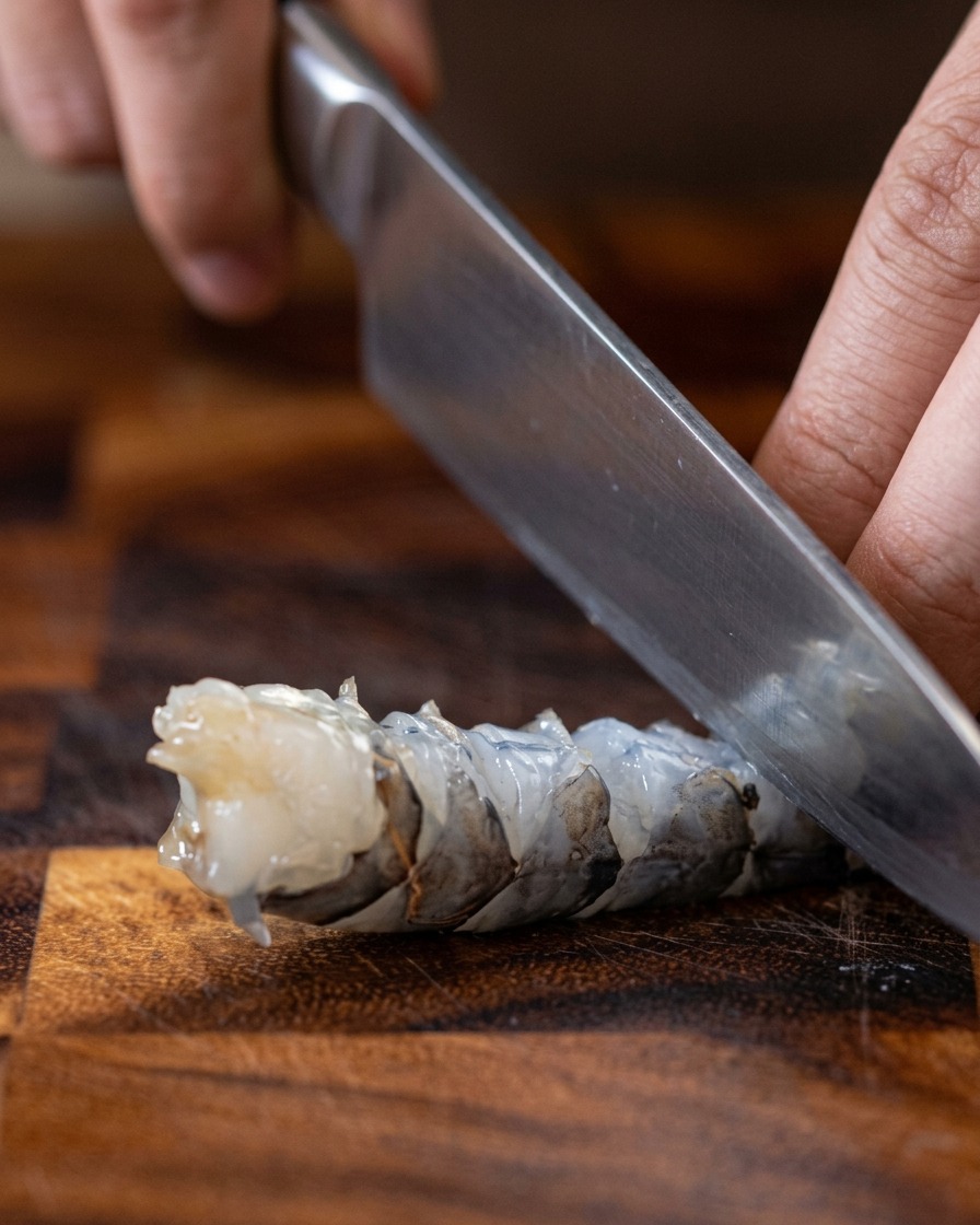 A peeled shrimp being deveined on a wooden cutting board.