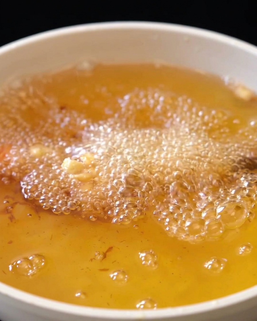 Shrimp coated in tempura batter frying in hot oil with bubbles surrounding them.