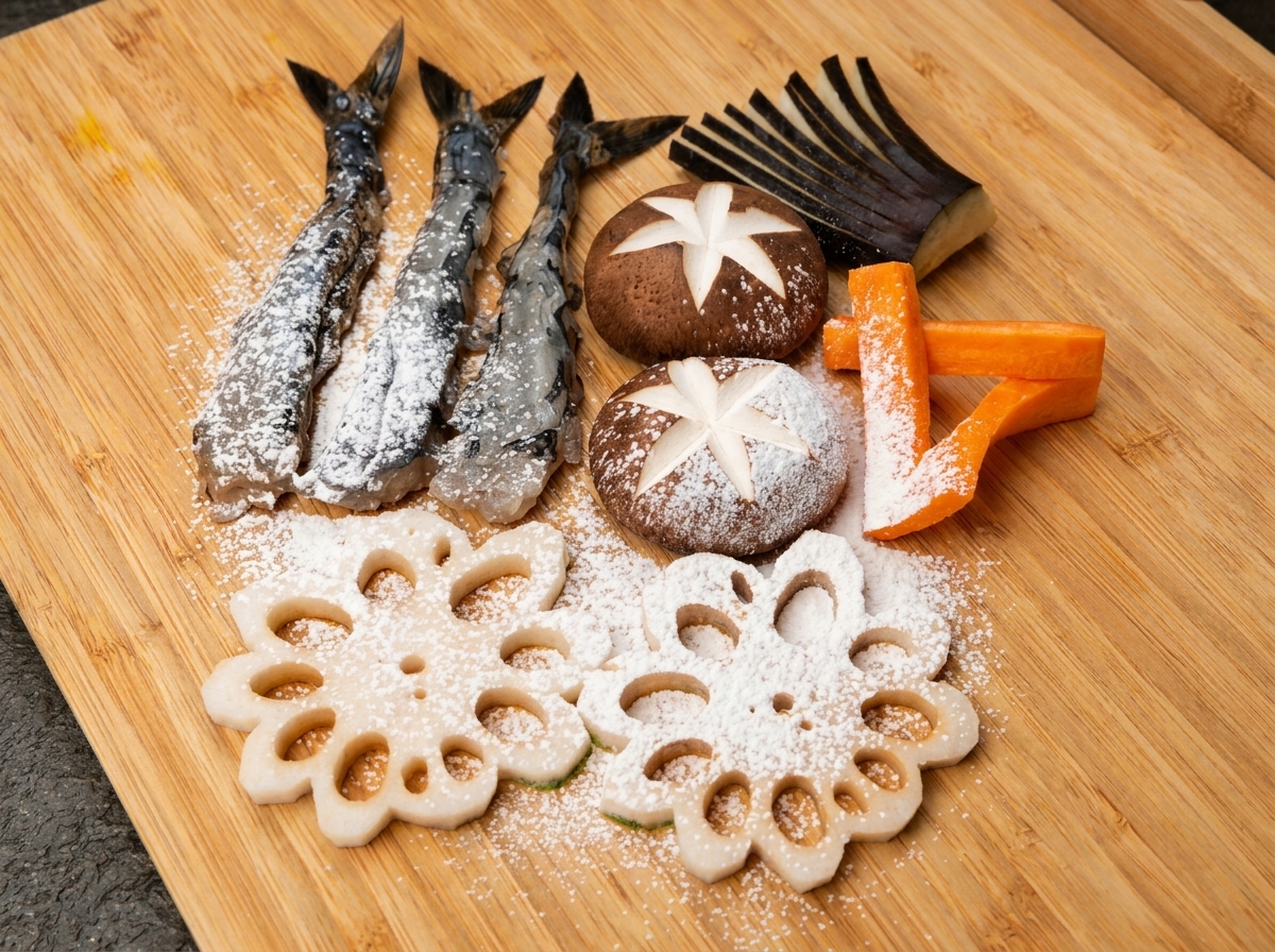 A raw shrimp being scored on the belly and pressed flat on a wooden board.