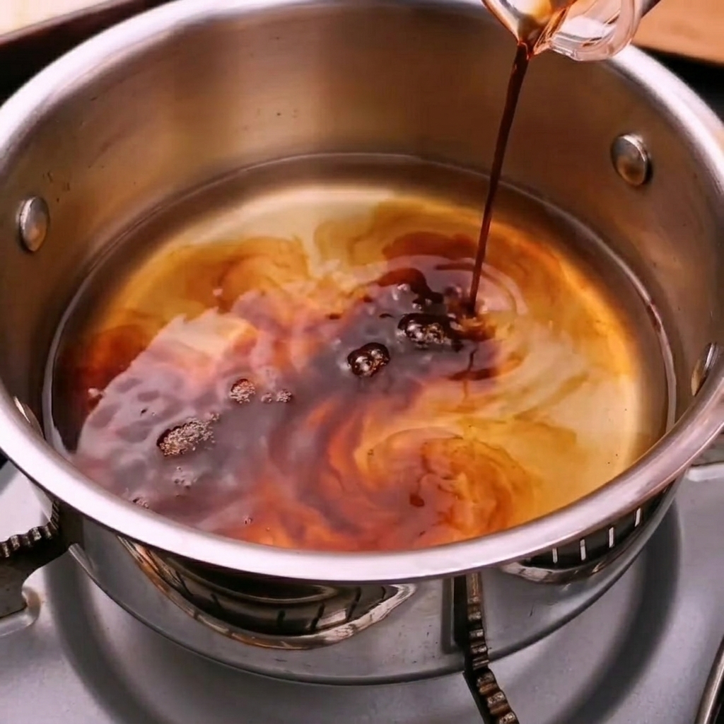 Dark soy sauce being poured into a pot containing bonito broth on a stove.