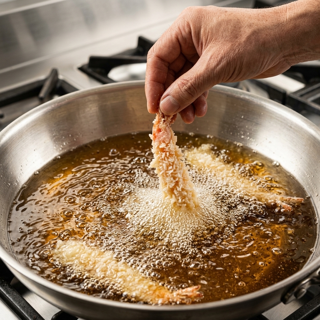 A hand lowering a piece of battered shrimp into a pan of hot, bubbling oil.