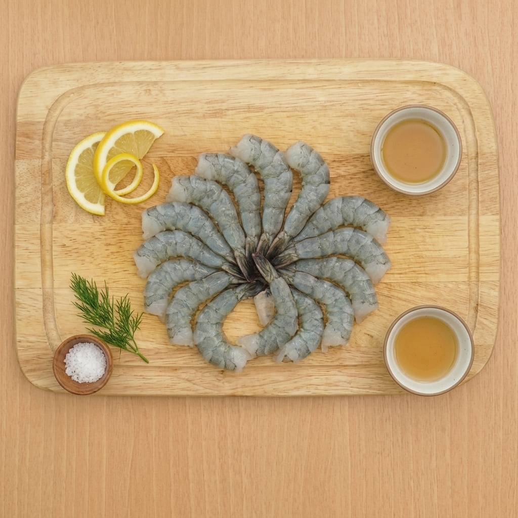 Close-up of shrimp being prepared on a wooden cutting board, with visible shallow cuts on the underside.