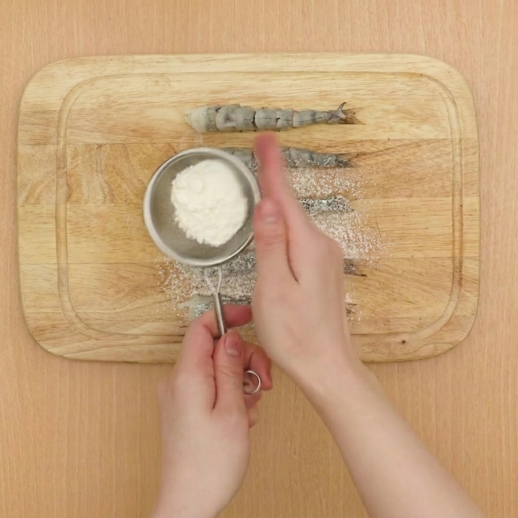 Sifting low-gluten flour over prepared raw shrimp on a wooden board.