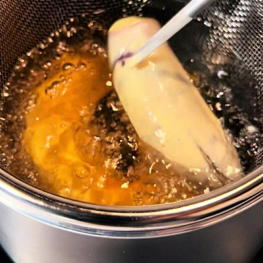 Battered tempura pieces frying in hot, bubbling oil within a stainless steel pot.