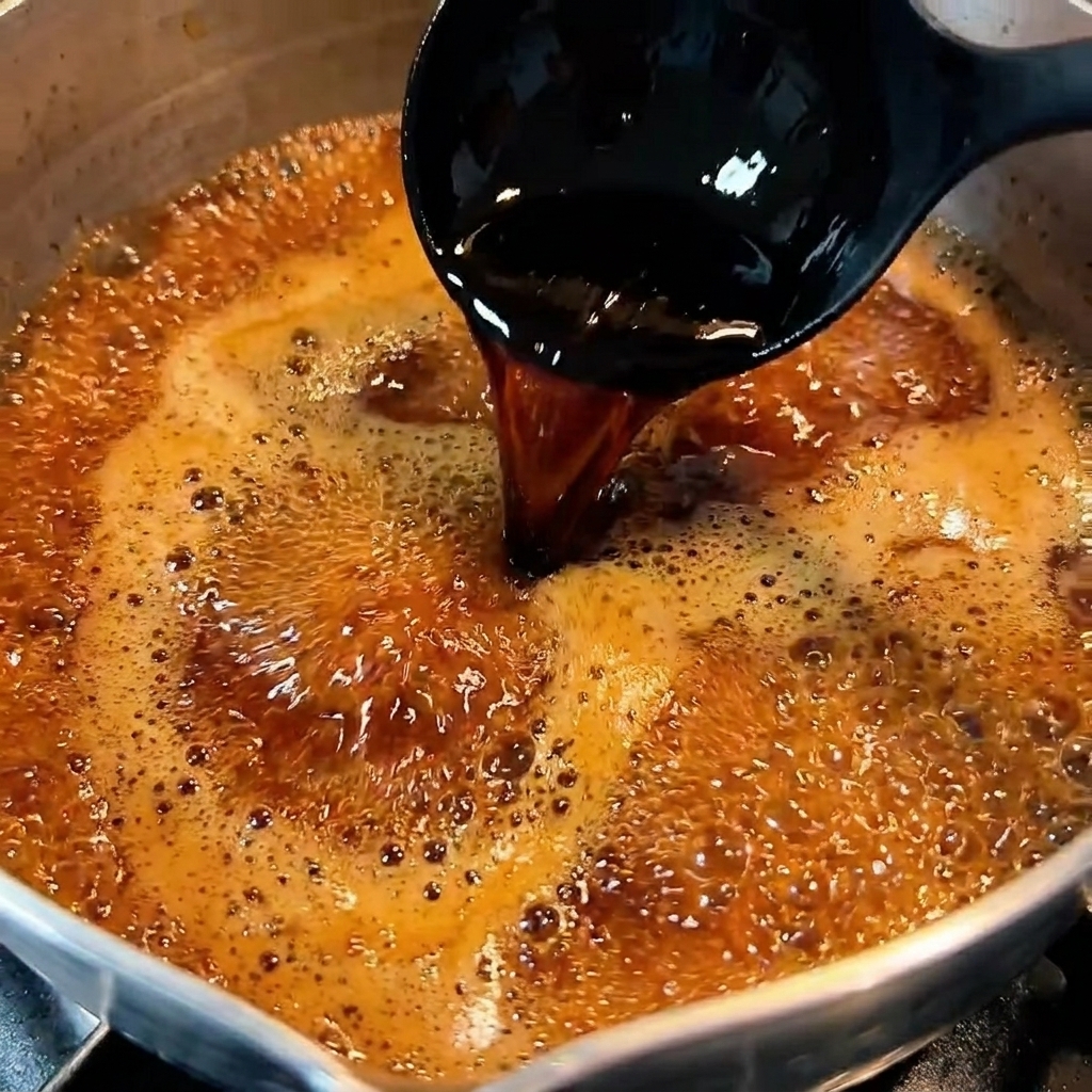 A dark, savory glaze simmering in a small saucepan, showing visible bubbles and a thick, glossy consistency.
