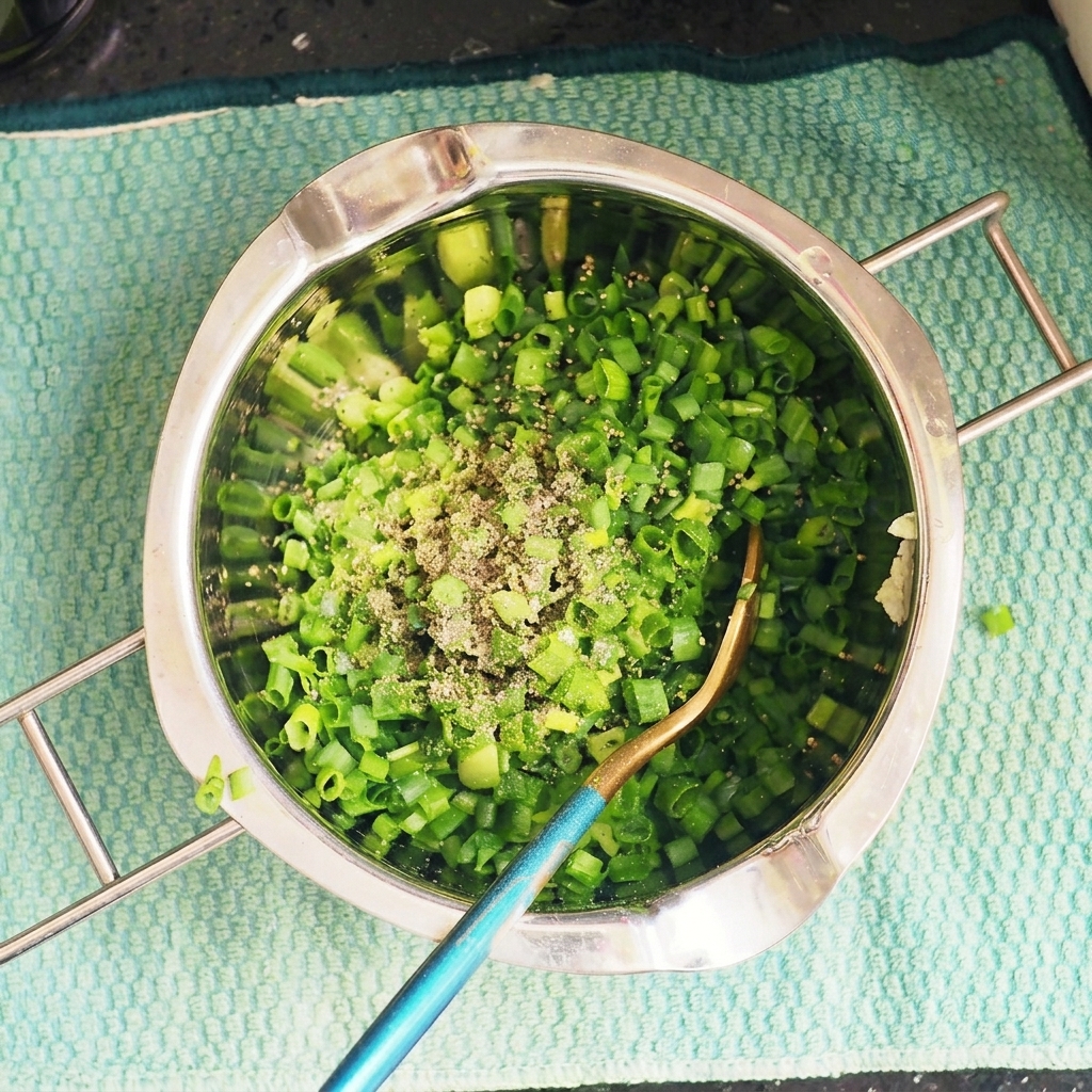 A mixture of freshly chopped green onions and seasonings in a metal prep bowl.