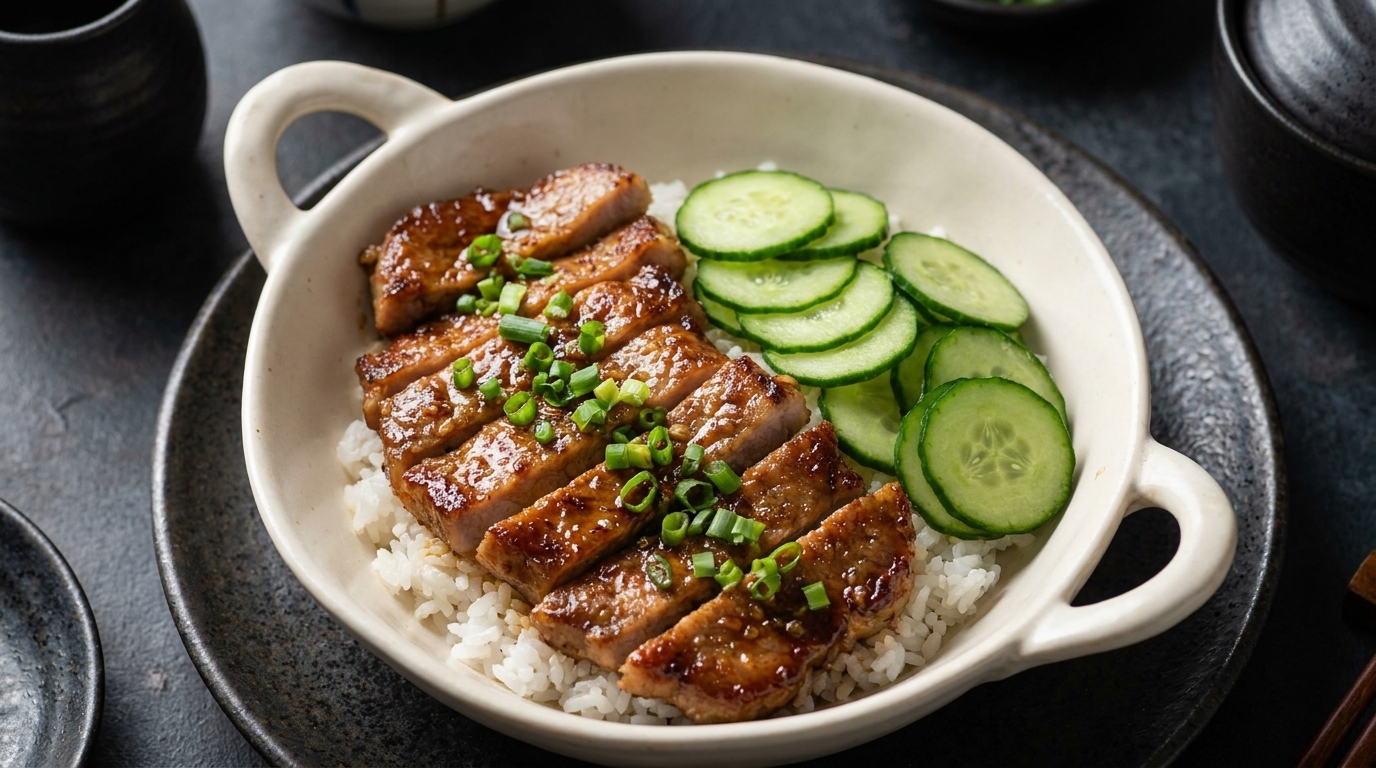 A bowl of steamed white rice topped with glazed, sliced pork chops and fresh cucumber slices.