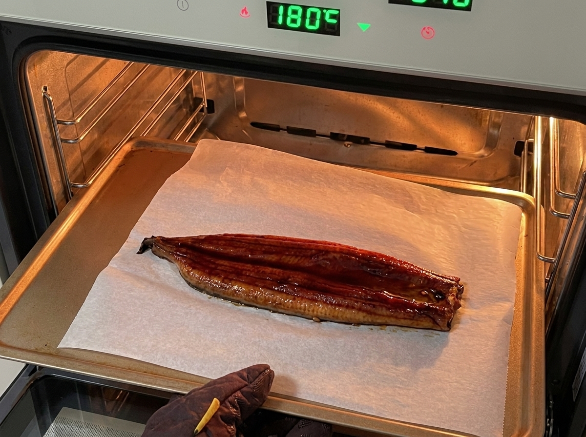 A single glazed unagi fillet resting on parchment paper inside an oven set to 180°C.