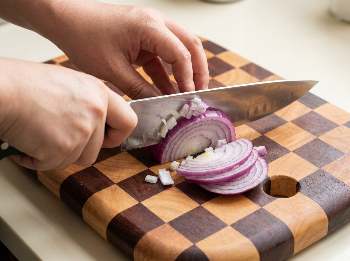 A hand using a chefs knife to dice a red onion on a wooden cutting board.