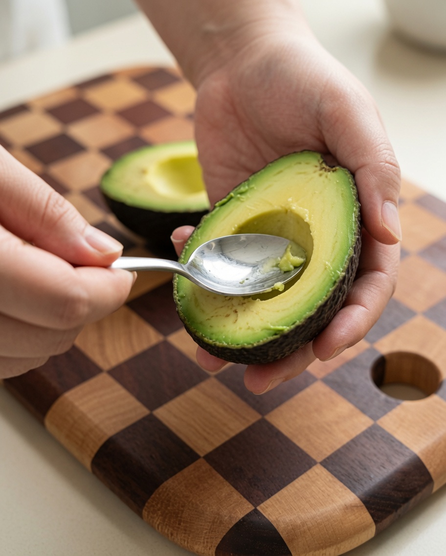 A spoon scooping the flesh from an avocado half.