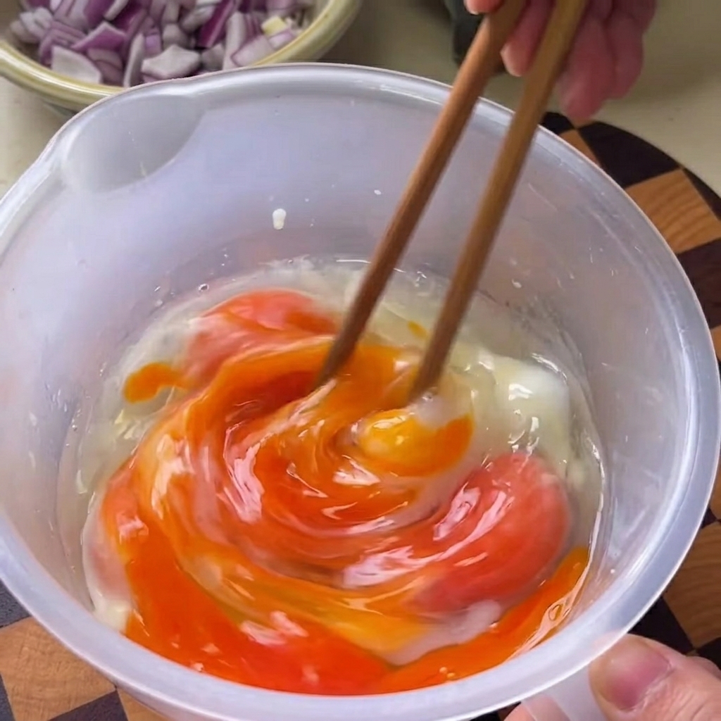 Raw eggs being whisked with chopsticks in a bowl.