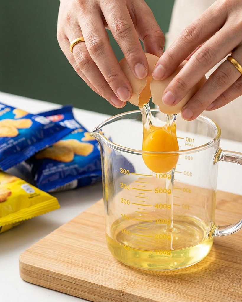Eggs being cracked into a measuring cup with a pour of milk, ready to be whisked.