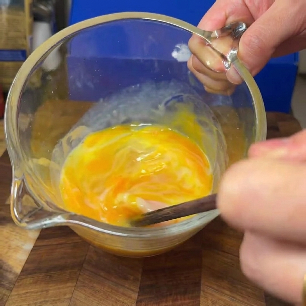 Eggs and milk being whisked with chopsticks inside a clear measuring cup.