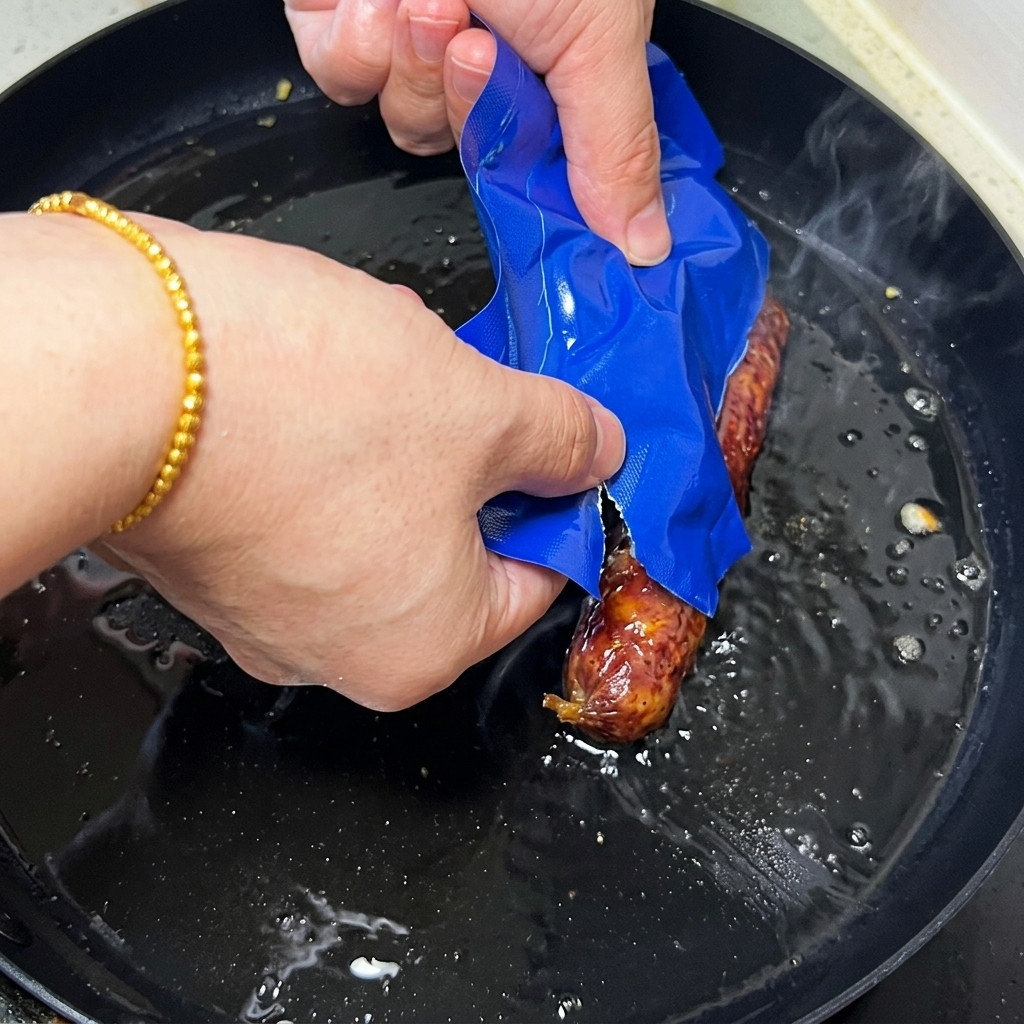 Grilled eel fillets being placed into a frying pan over the cooked eggs.