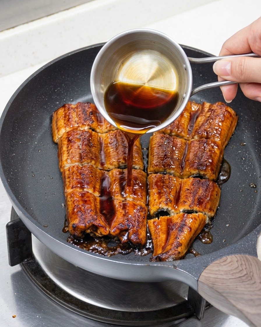 A savory sauce mixture being poured from a small metal measuring cup over the eel in the pan.