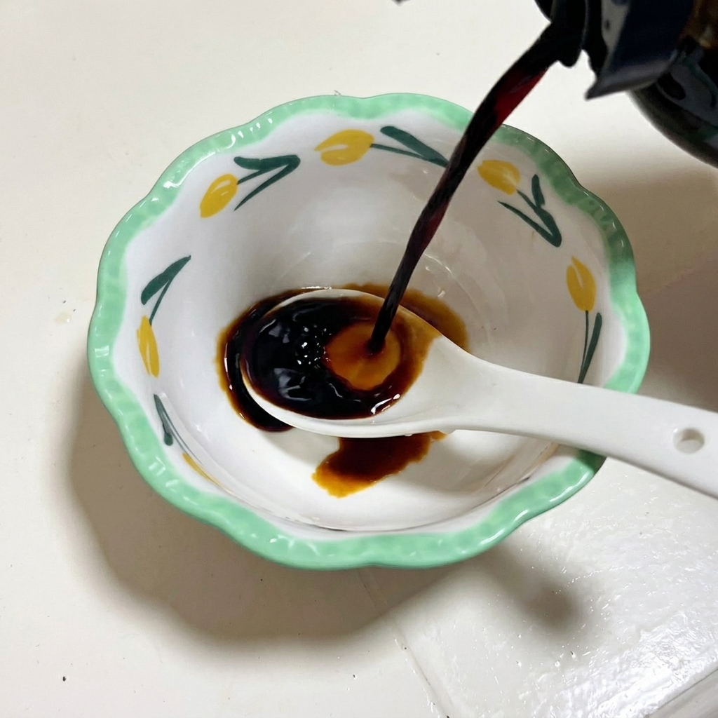 A mixture of soy sauce and seasonings being stirred in a small, patterned bowl with a spoon.